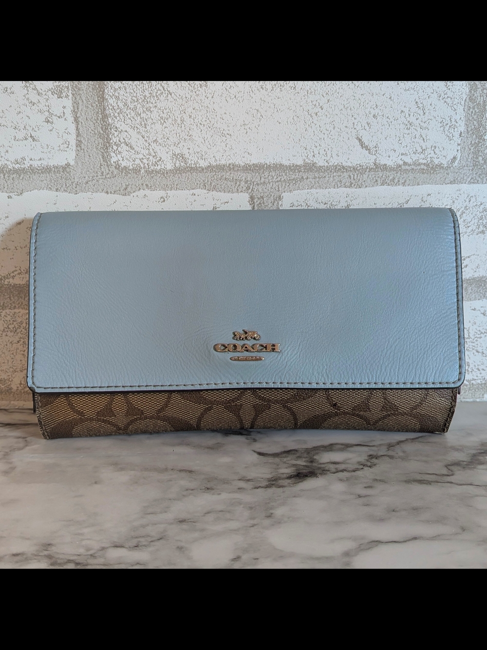 Coach Light Blue Leather & Signature Brown Continental Wallet